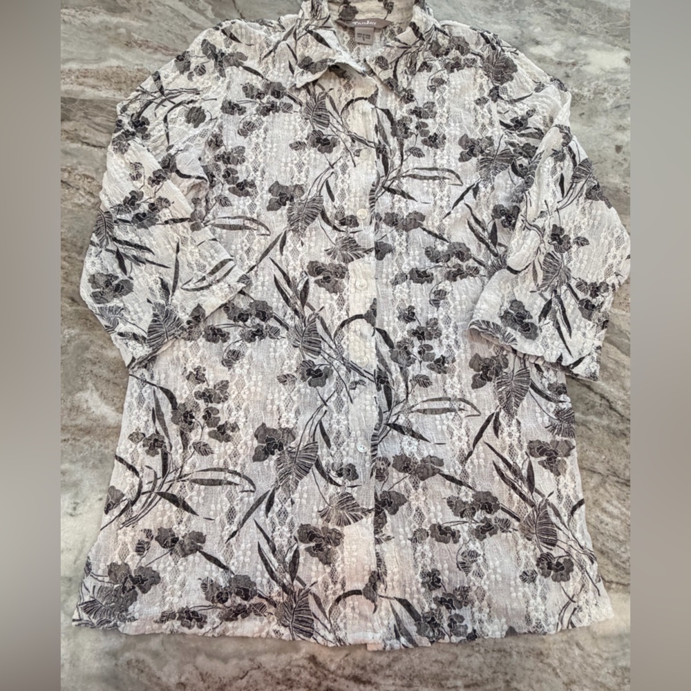 TanJay Lace Blouse Small White Black Floral Button Front Semi Sheer